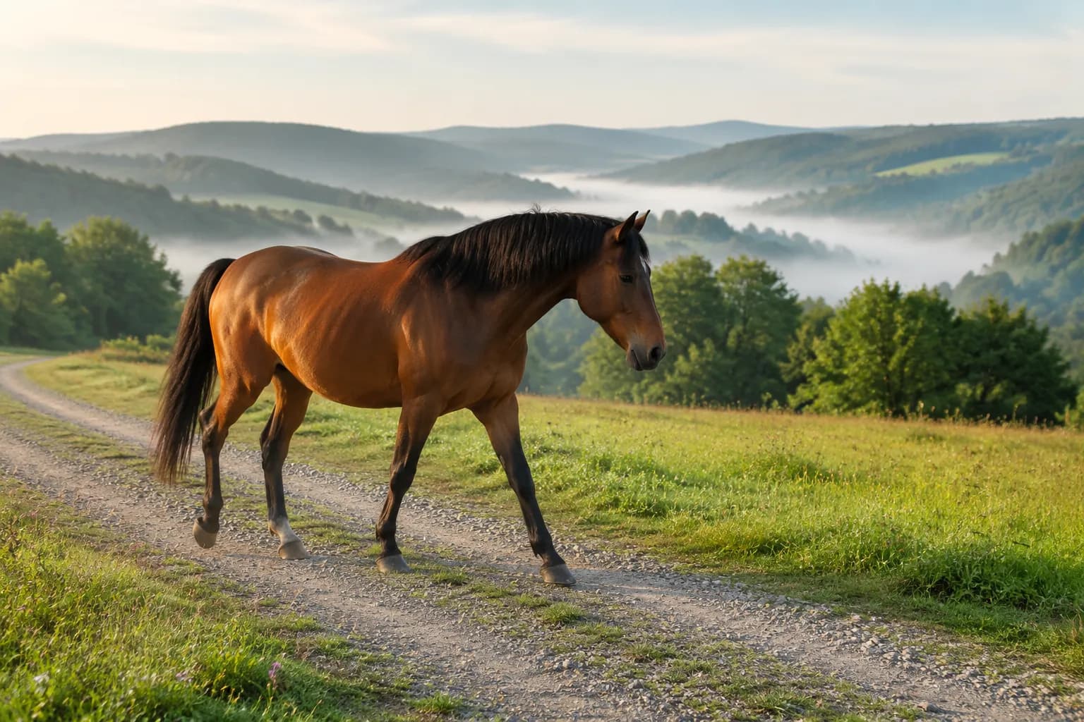 Pferd geht entspannt barhuf über naturnahen Boden aus Gras und feinem Schotter