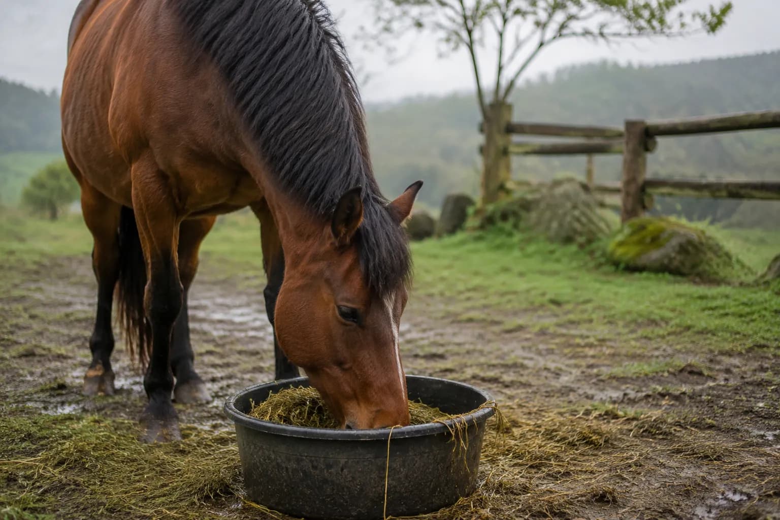 Pferd frisst genüsslich eingeweichtes Heu aus einem Eimer auf naturnahem Paddock