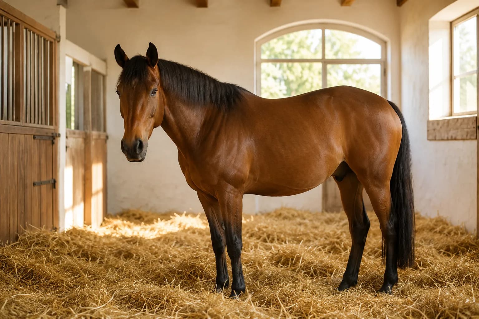 Pferd steht ruhig auf weicher, tiefer Einstreu in einer hellen, luftigen Box
