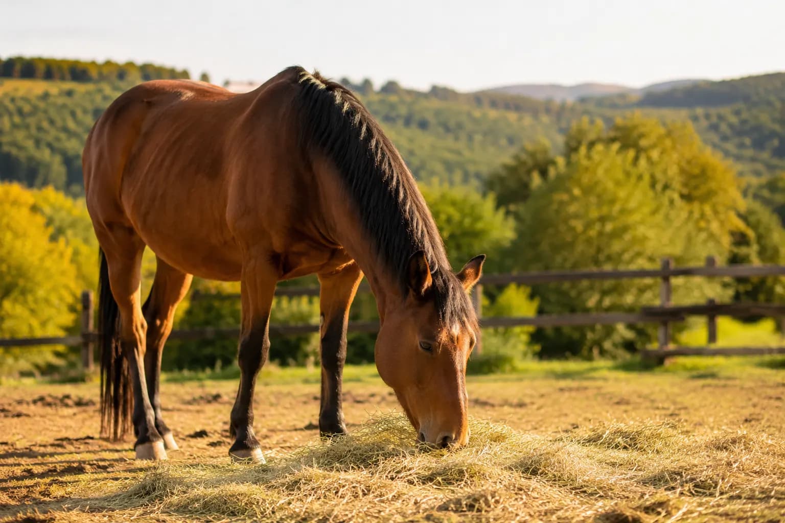 Pferd frisst Heu auf einer sonnigen Koppel