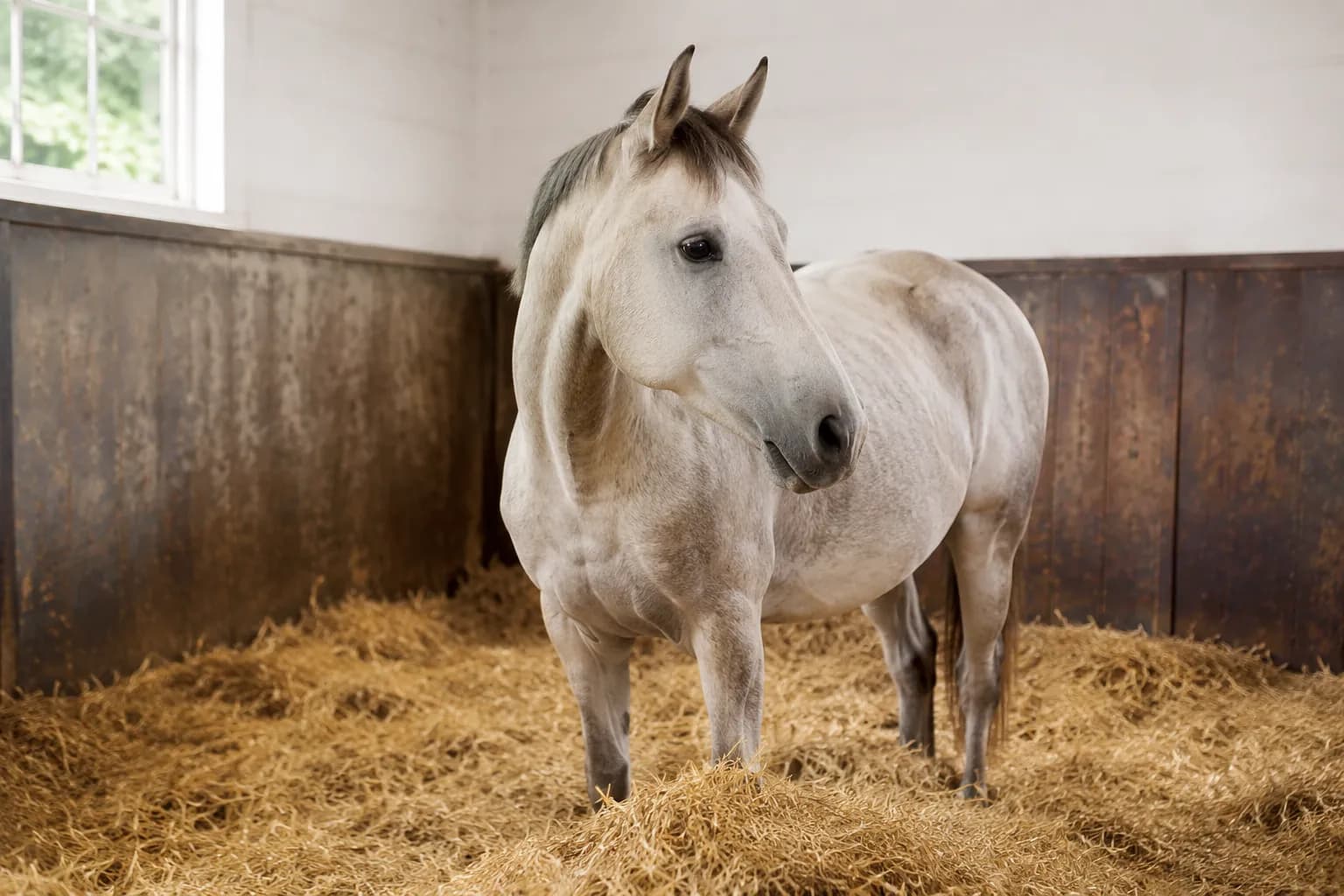 Pferd steht ruhig auf weicher, tiefer Einstreu in einer hellen Box