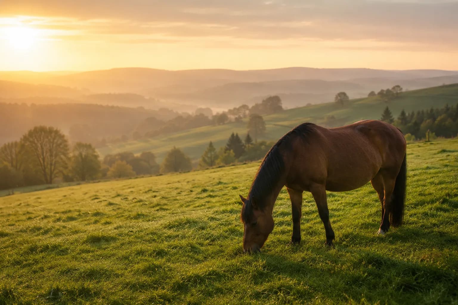 Pferd grast im weichen Morgenlicht auf einer grünen Frühlingsweide in der Eifel