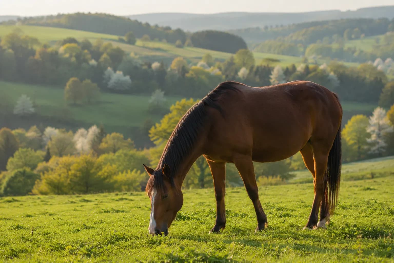 Gesundes Pferd auf einer Frühlingsweide in der Eifel